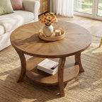 31.5-Inch Round Coffee Table, Solid Wood Table with Shelf