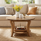 31.5-Inch Round Coffee Table, Solid Wood Table with Shelf