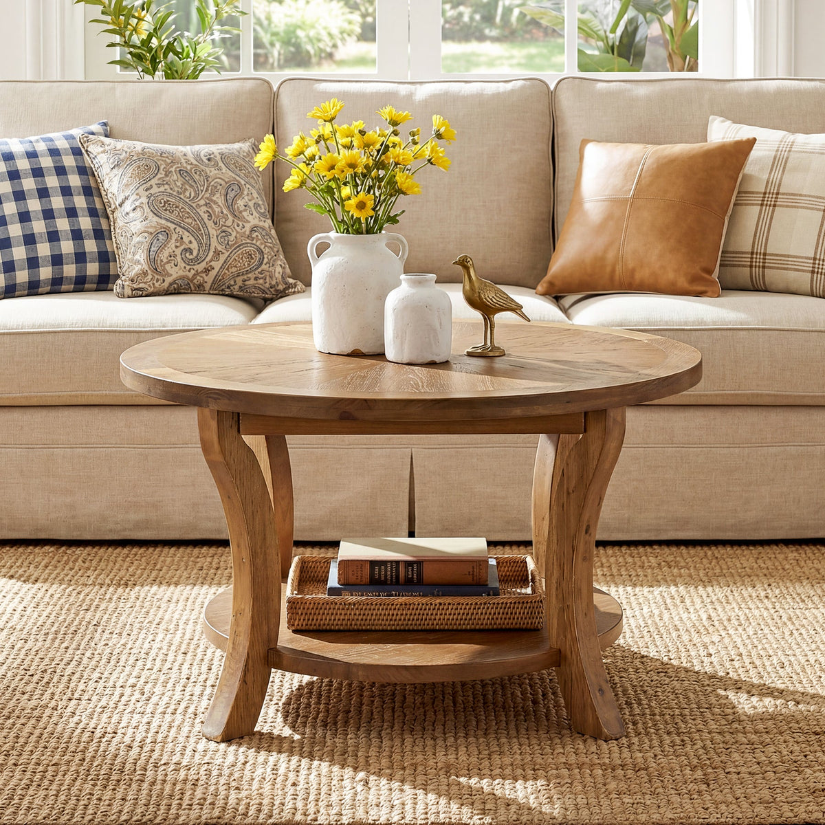 31.5-Inch Round Coffee Table, Solid Wood Table with Shelf