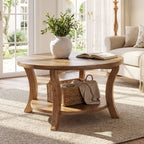 31.5-Inch Round Coffee Table, Solid Wood Table with Shelf