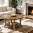 31.5-Inch Round Coffee Table, Solid Wood Table with Shelf