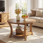 31.5-Inch Round Coffee Table, Solid Wood Table with Shelf