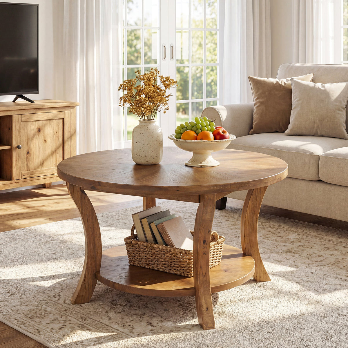 31.5-Inch Round Coffee Table, Solid Wood Table with Shelf