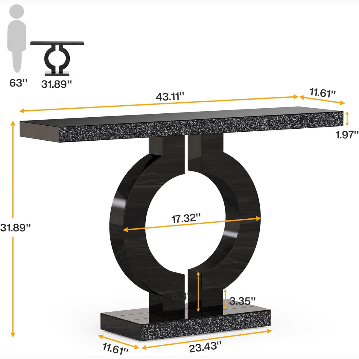 43.1-Inch Mirrored Console Table with O-Shaped Base, Narrow Hallway Table in Black