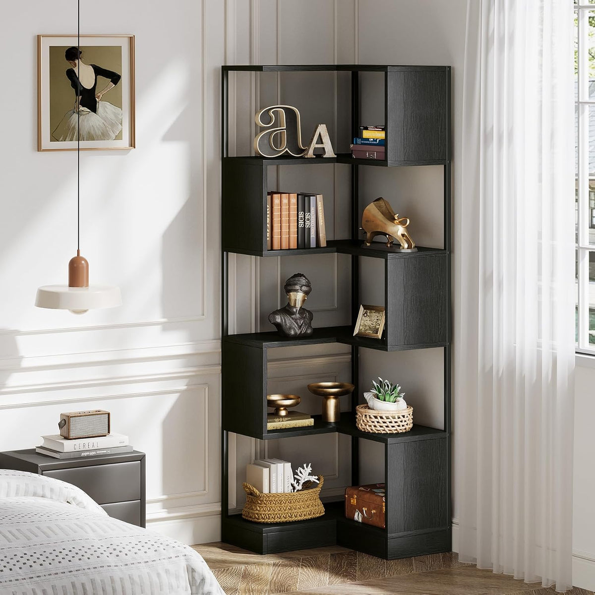 6-Tier Corner Bookshelf Unit，Metal Frame for Living Room Home Office