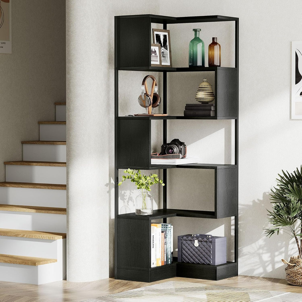6-Tier Corner Bookshelf Unit，Metal Frame for Living Room Home Office