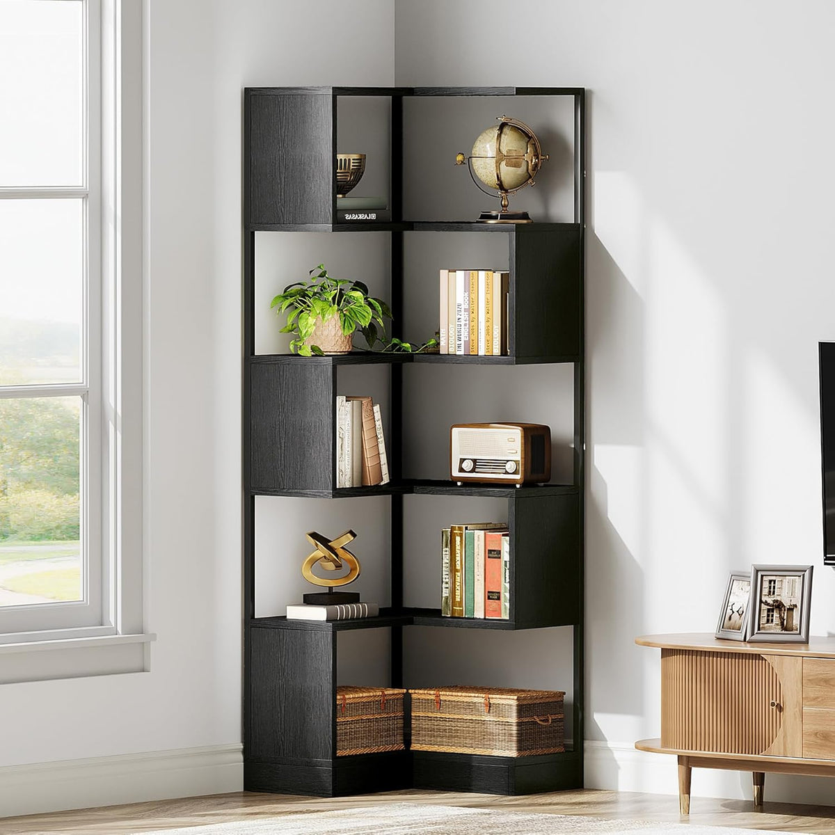 6-Tier Corner Bookshelf Unit，Metal Frame for Living Room Home Office