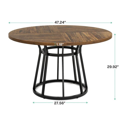 Round Dining Table for 4 People, 47.2" Kitchen Dinner Table with Metal Base