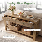 55.12 Inch Solid Fir Wood Console Table with 2 Drawers, Narrow Hallway Table with Shelf