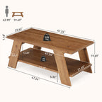 47-Inch Solid Wood Coffee Table with 2-Tier Storage, Farmhouse Rectangle Centre Table for Living Room