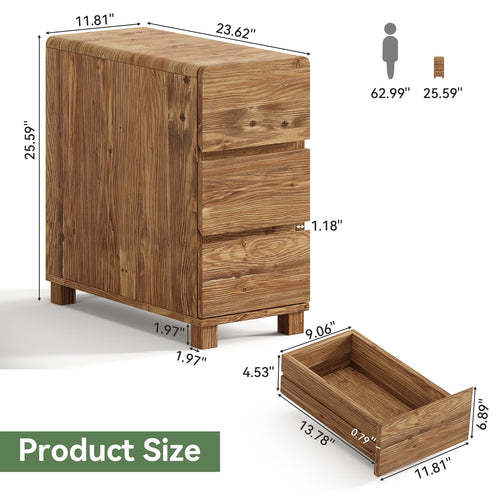 25.59-Inch Tall Solid Wood Side Cabinet, 3-Drawer Narrow Nightstand