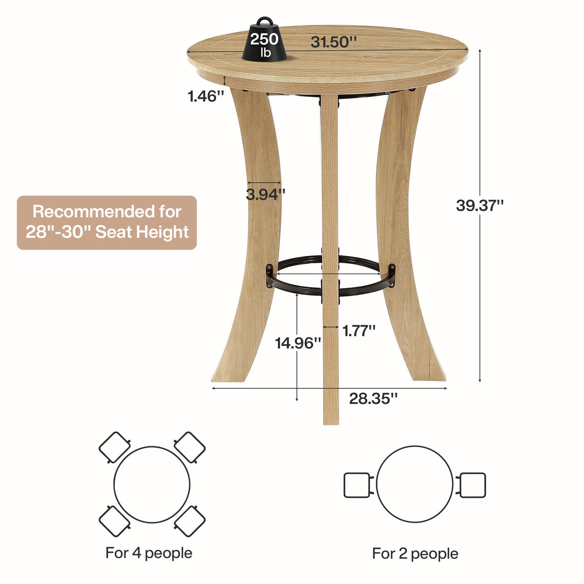 39.4-Inch High Round Bar Table with Curved Legs and Metal Footrest, Modern Pub Table for Kitchen and Coffee Bar