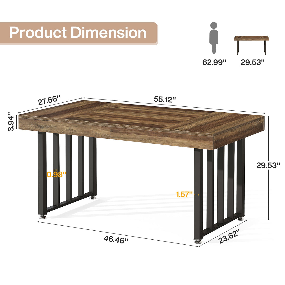 55 Inch Computer Desk with Reinforced Metal Frame, Modern Writing Table for Home Office