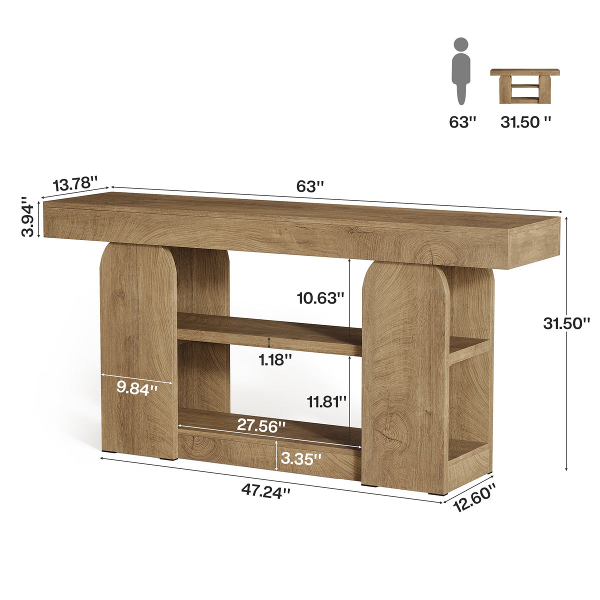 63-Inch Farmhouse Console Table with 3-Tier Storage Shelves, Long Narrow Entryway Table for Living Room and Hallway