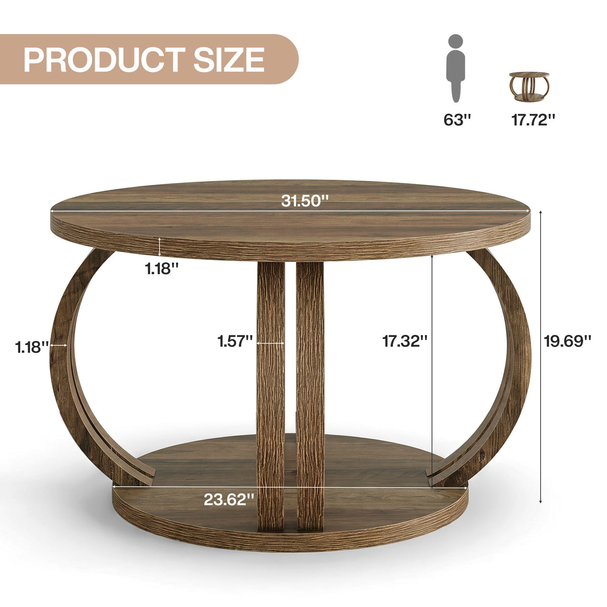 31.5 Inch Round Coffee Table with Storage, Sculptural Curved Base for Living Room