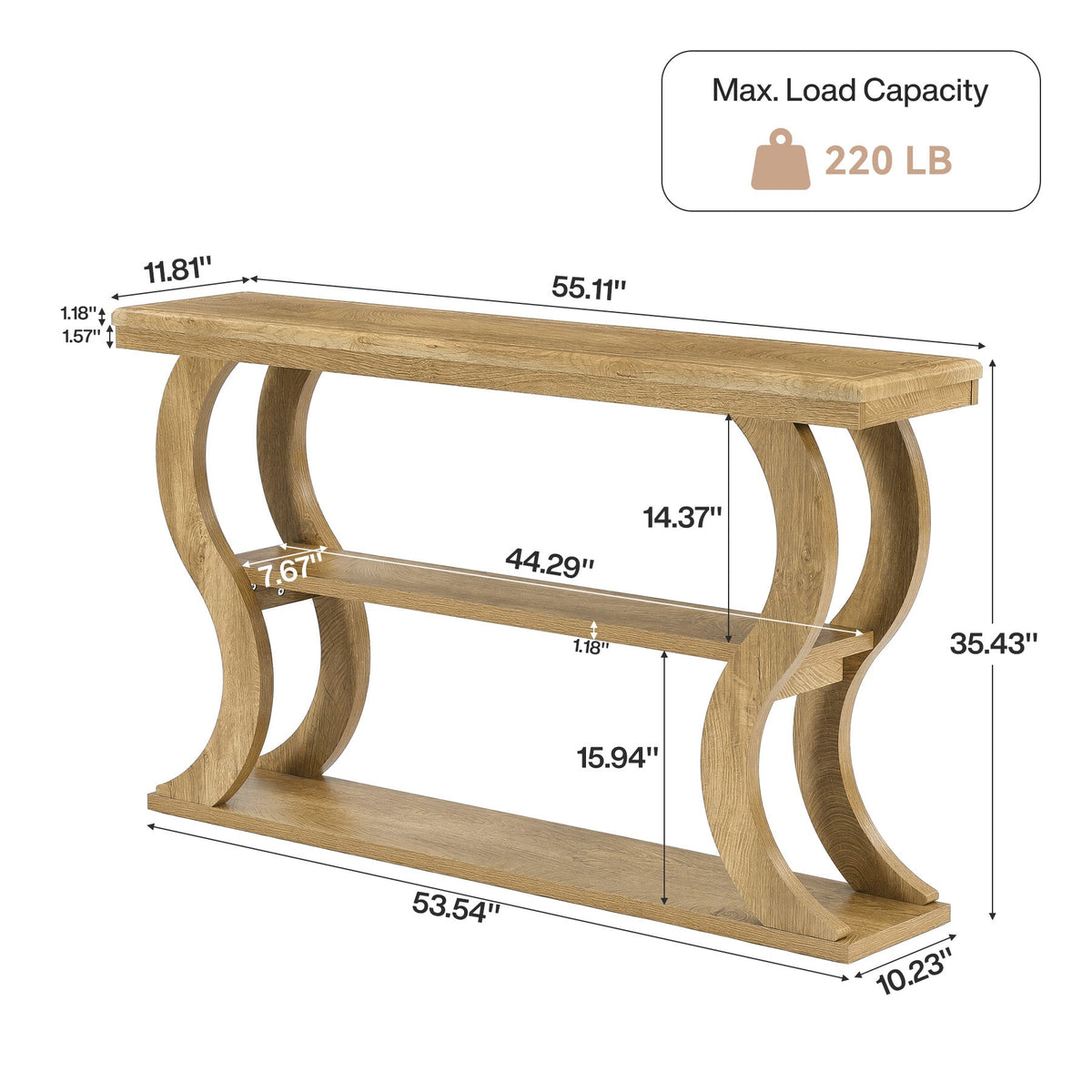 55 Inch Console Table with 3-Tier Storage, Farmhouse Hallway Table with Wave Legs