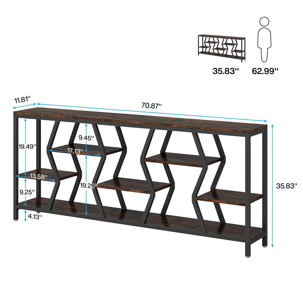70.9-Inch Extra Long Sofa Console Table with 4-Tier Wood Storage Shelves, Industrial Narrow Entryway Table for Hallway