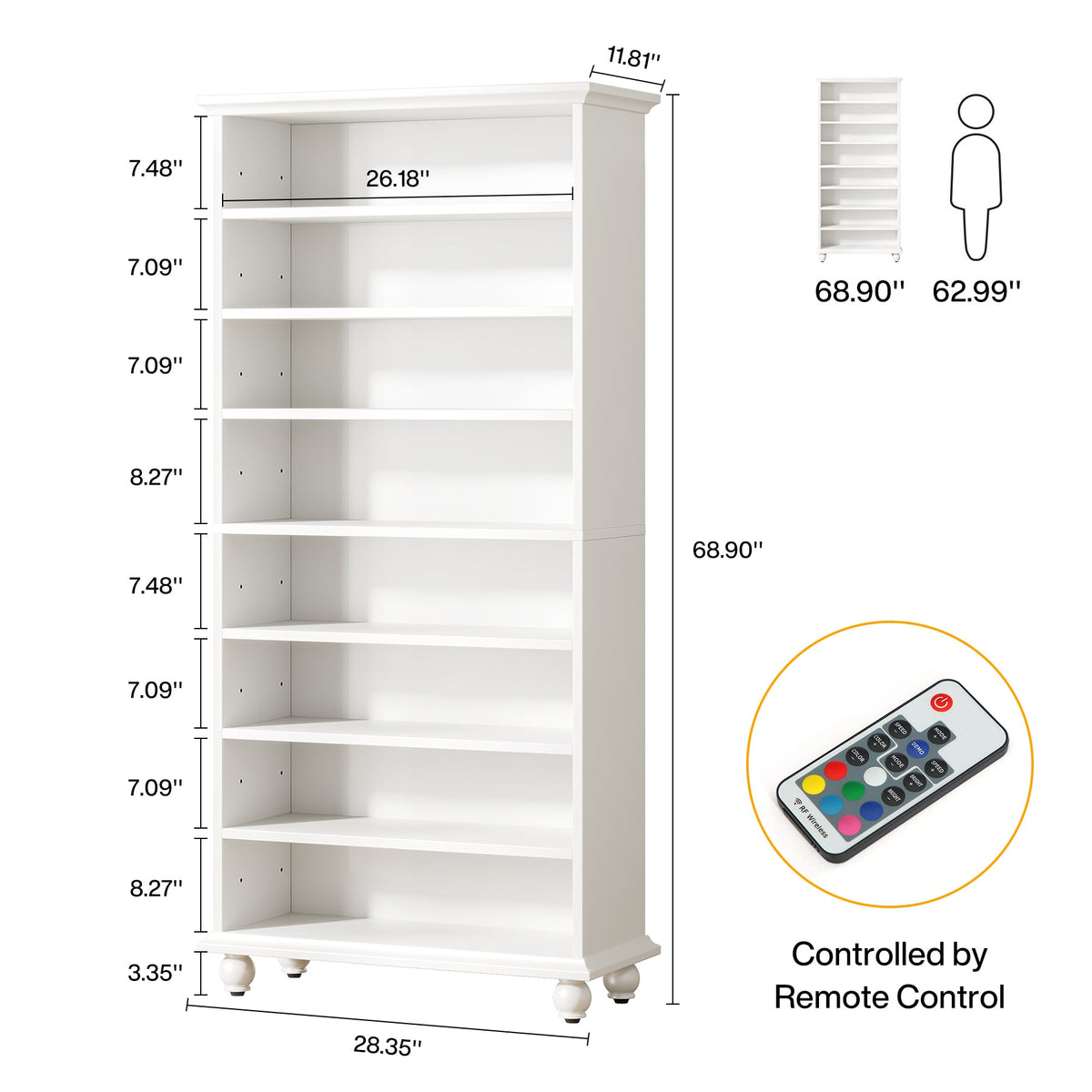 69-Inch Tall Shoe Storage Cabinet with LED Lighting and Solid Wood Legs, 28-Inch Wide 30-Pair Shoe Rack Organizer