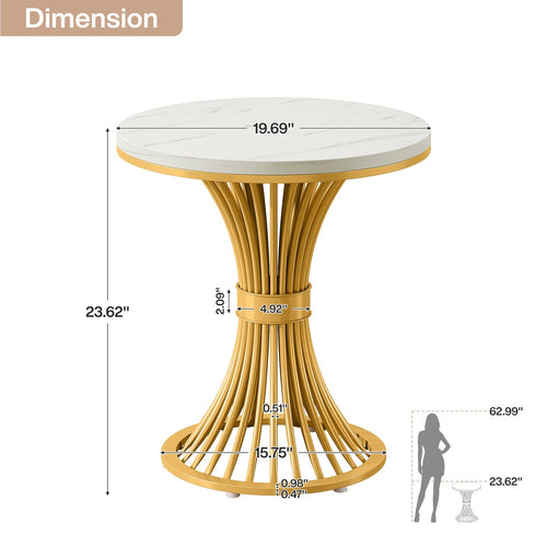 20" Round End Table with Faux Marble Top, White Side Table with Gold Metal Base