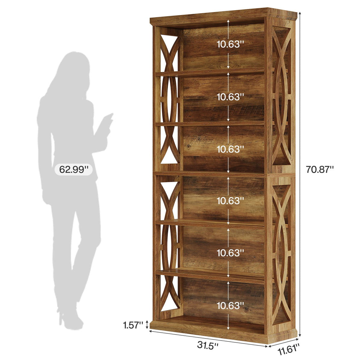 70.8-Inch Tall Bookshelf, 6-Tier Rustic Wooden Bookcase with Anti-Tipping Kit