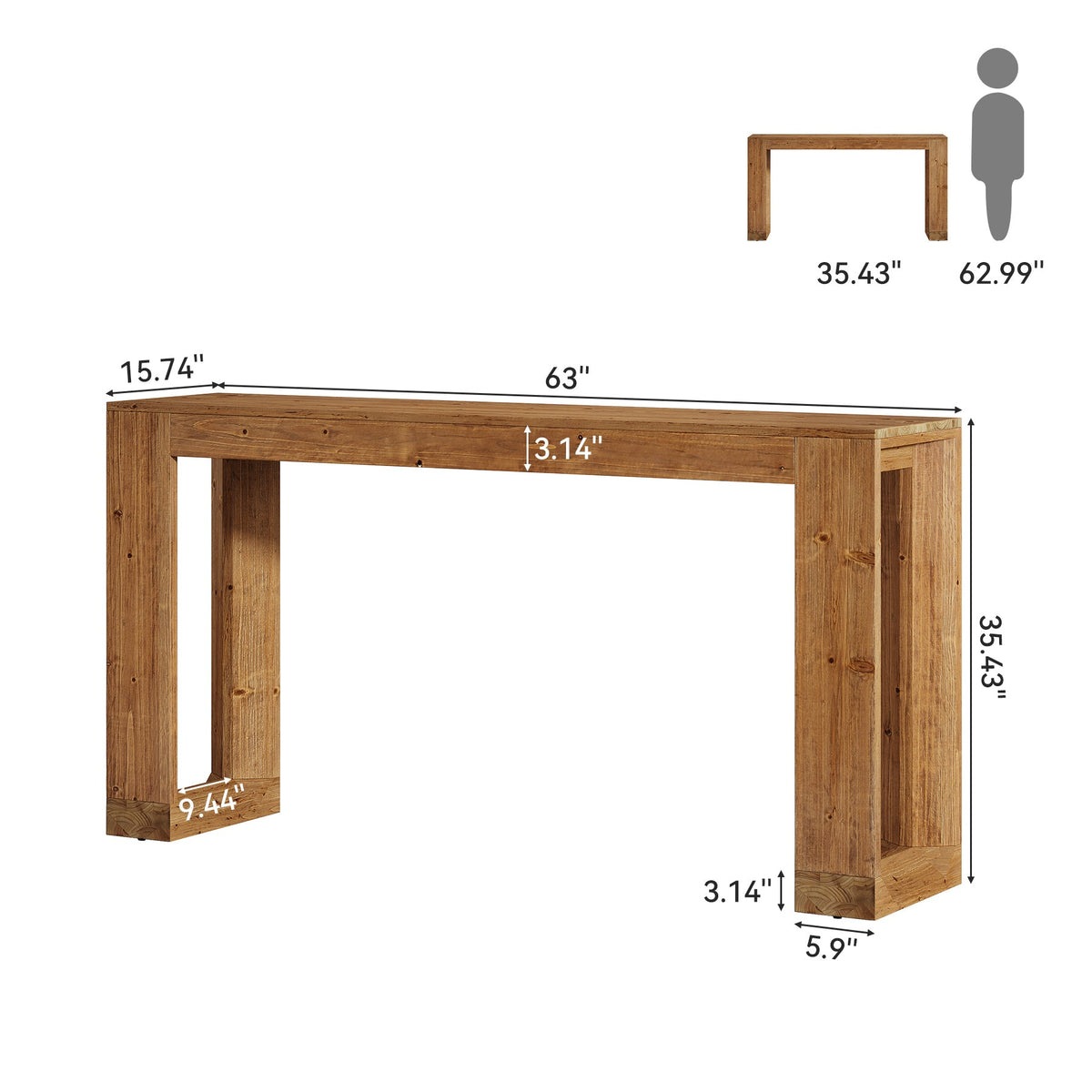 63-Inch Farmhouse Console Table with Reinforced Base, Solid Wood Sofa Table for Entryway Study and Living Room