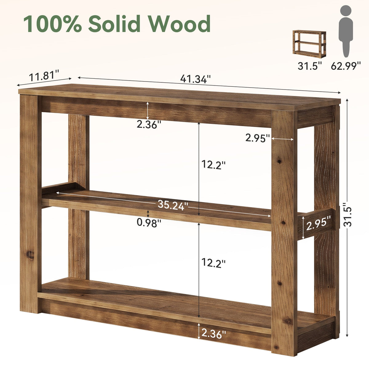 41.3 Inch Solid Wood Console Table with 3-Tier Storage, Farmhouse Hallway Table
