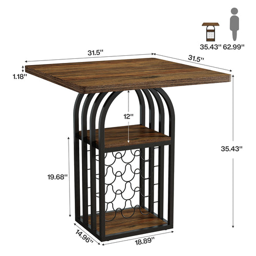 35.43-Inch Square Bistro Pub Table with Wine Rack, Home Bar Table for Kitchen and Living Room