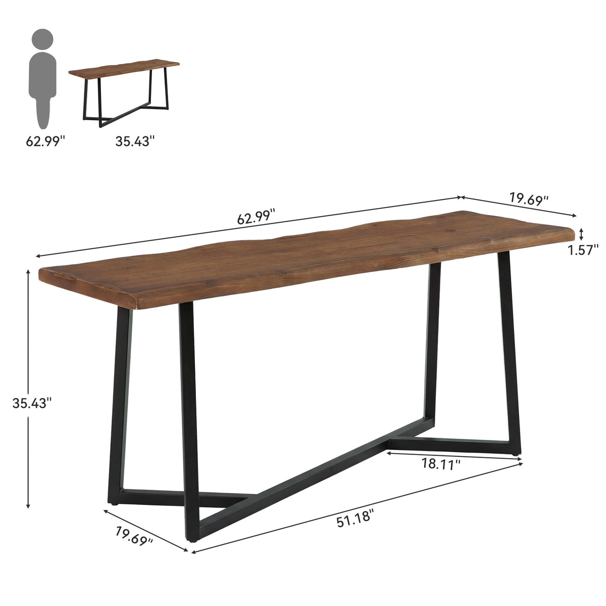 63-Inch Solid Wood Bar Table with Metal Frame, Counter Height Pub Table for Kitchen