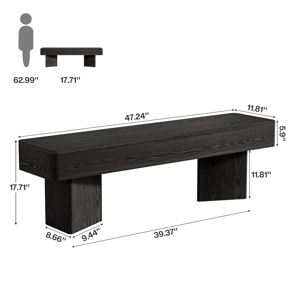 47.24-Inch Black Kitchen Table Bench with Rounded Edges, Modern Dining Bench for Dining Room