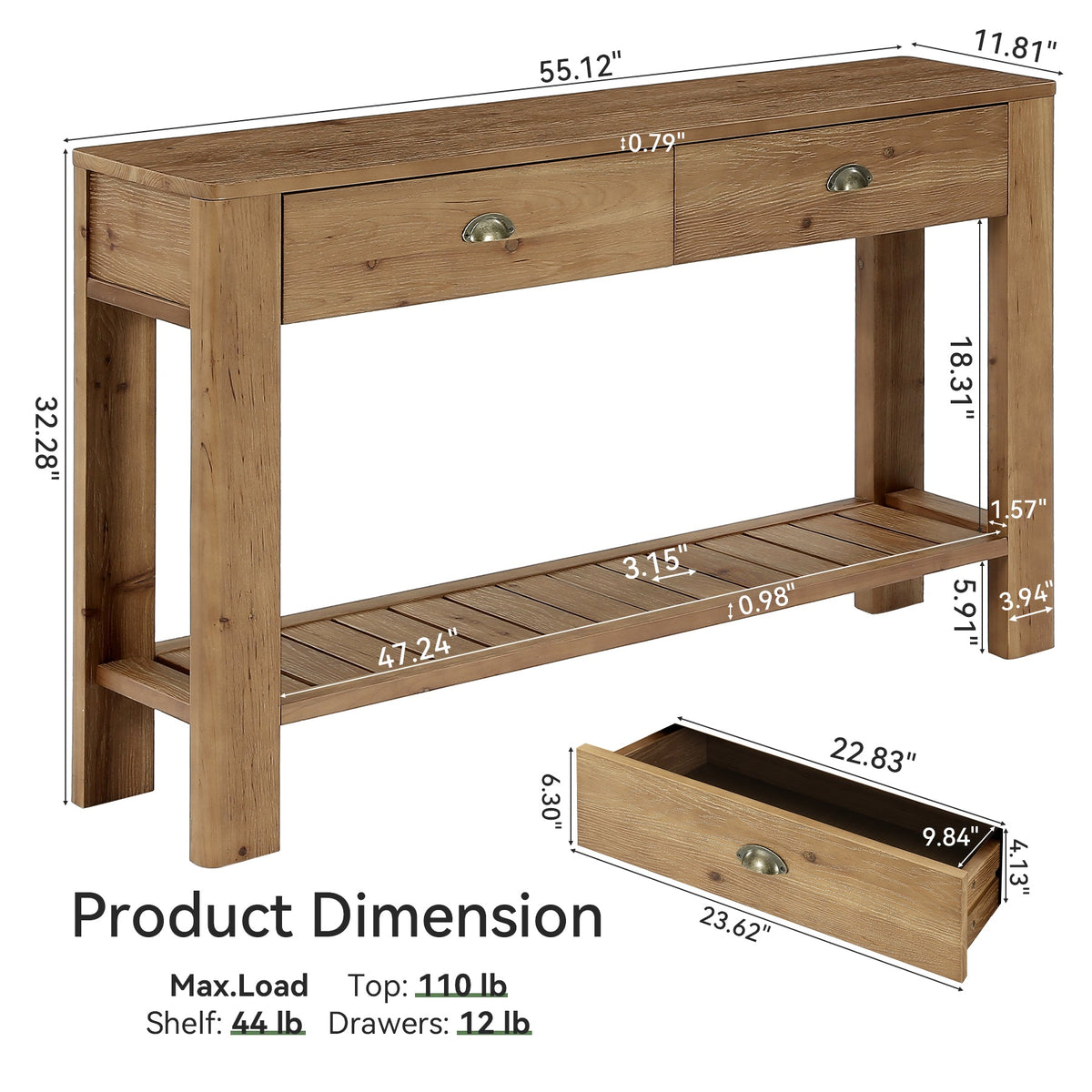 55.12 Inch Solid Fir Wood Console Table with 2 Drawers, Narrow Hallway Table with Shelf