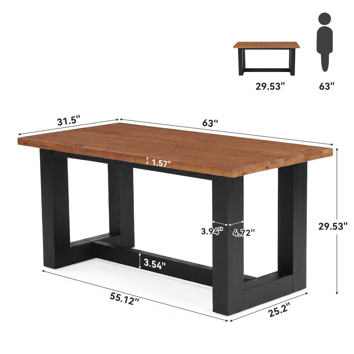 63 Inch Solid Wood Dining Table for 6, Farmhouse Kitchen Table with U-Shaped Legs