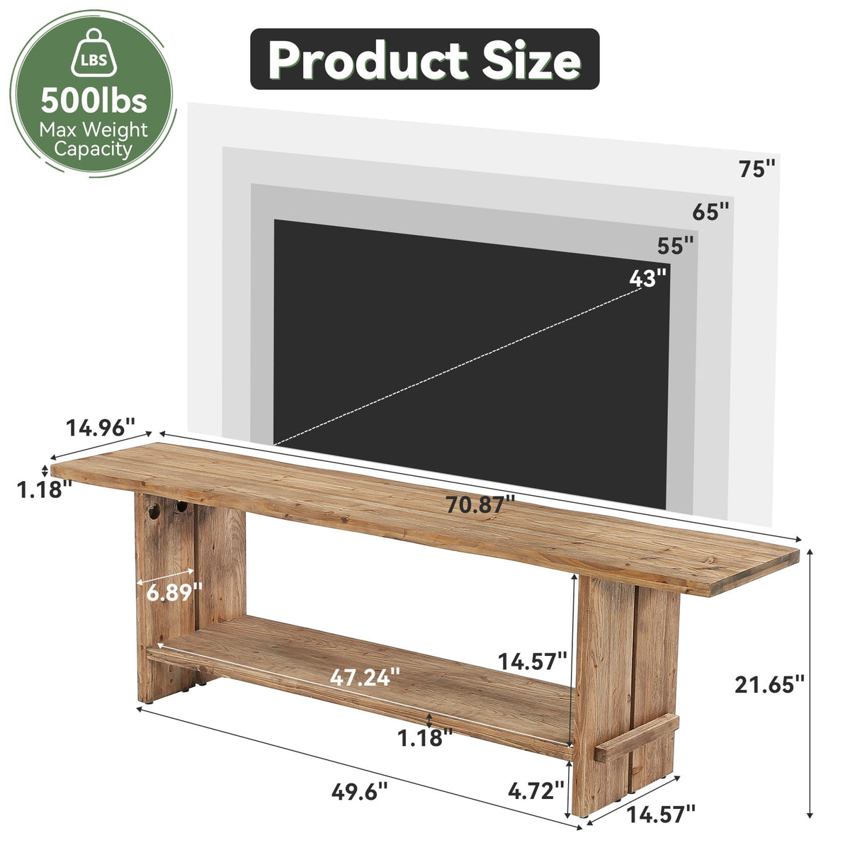 71 Inch Solid Wood TV Stand with 2-Tier Storage, Media Console for 55 to 85 Inch TVs