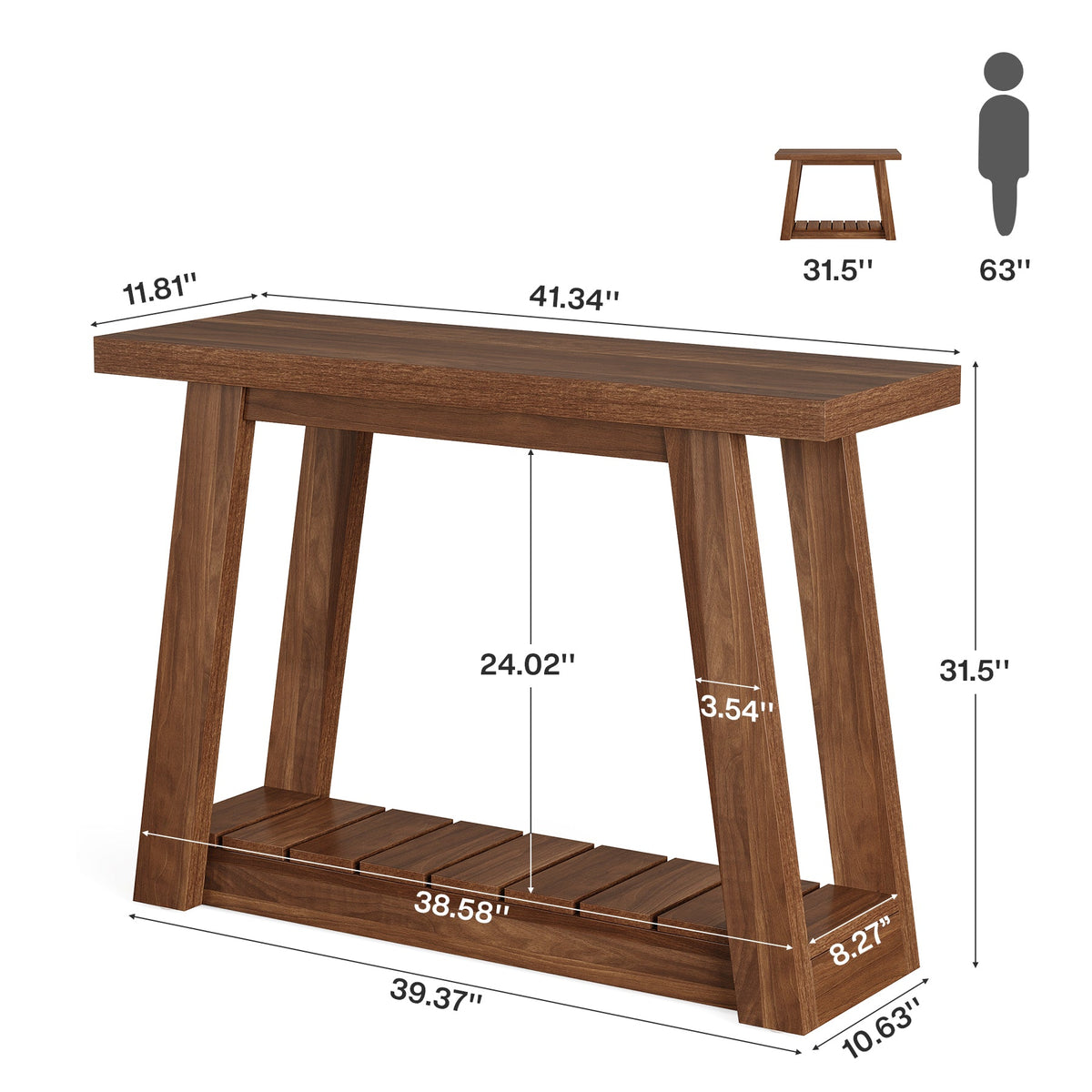 41.3-Inch 2-Tier Wood Console Table, Narrow Entryway Storage Sofa Table with Open Shelves for Living Room and Hallway