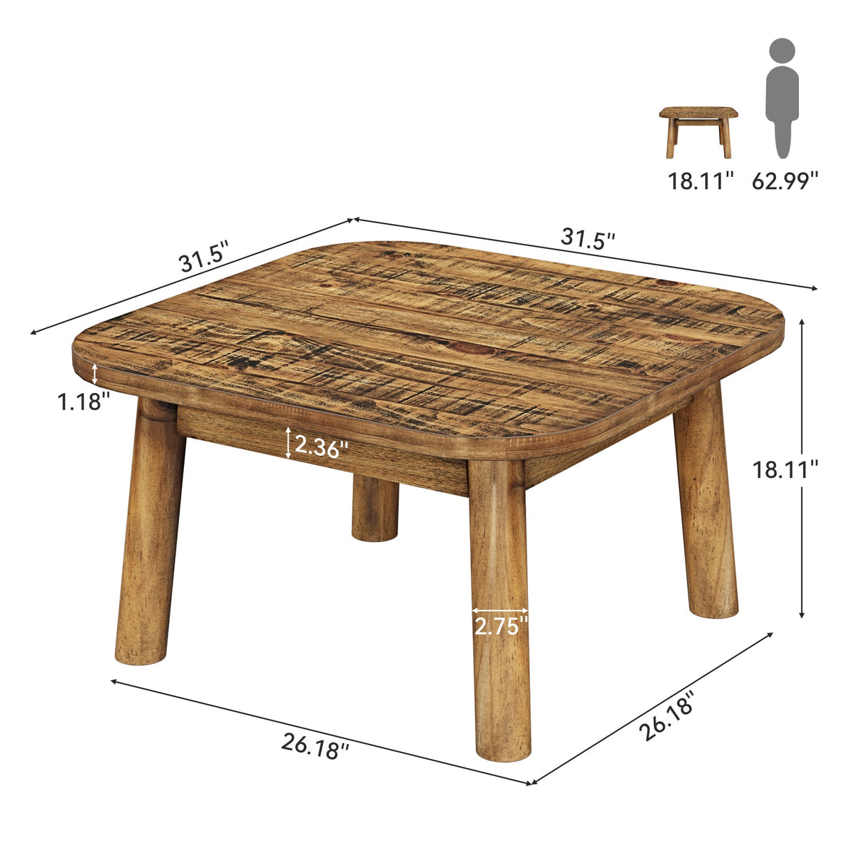 31.5" Solid Wood Square Coffee Table, Corner Farmhouse Center Table for Living Room