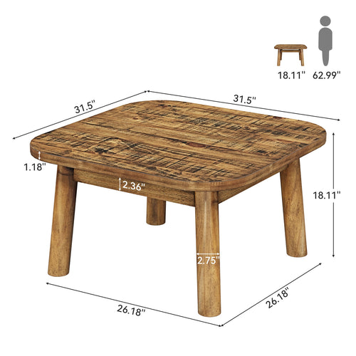 31.5" Solid Wood Square Coffee Table, Corner Farmhouse Center Table for Living Room