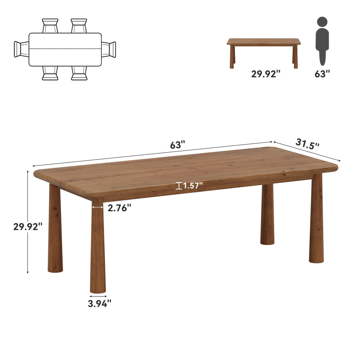 63-Inch Solid Wood Executive Desk with Heavy Duty Legs, Large Office Computer Desk for Home Office