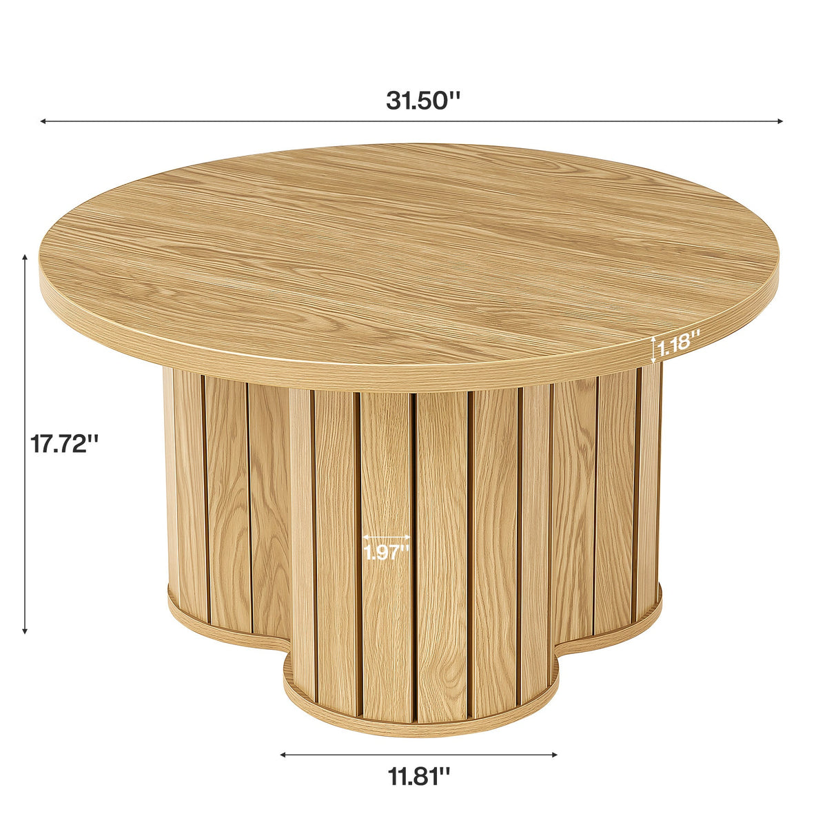 31.5-Inch Round Coffee Table, Wooden Circle Center Table with Fluted Three-Lobed Base for Living Room Apartment