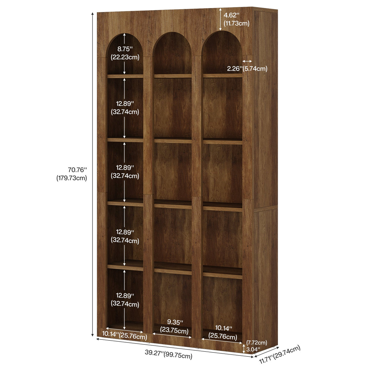 70.87-Inch 5-Tier Arched Bookcase, Mid Century Modern Tall Bookshelf with Open Shelves for Home Office