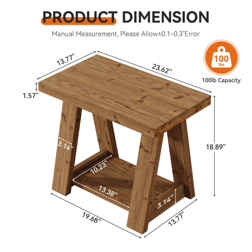 23.62 Inch Solid Wood End Table with 2-Tier Storage Shelves, Farmhouse Side Table for Living Room