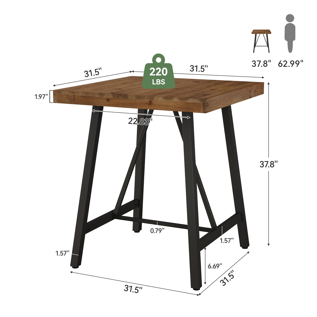 31.5-Inch Square Bar Table with Solid Wood Top and Metal Footrest, Industrial Pub Table for Home Bar Kitchen and Cafe