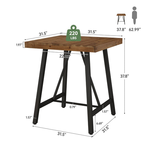 31.5-Inch Square Bar Table with Solid Wood Top and Metal Footrest, Industrial Pub Table for Home Bar Kitchen and Cafe
