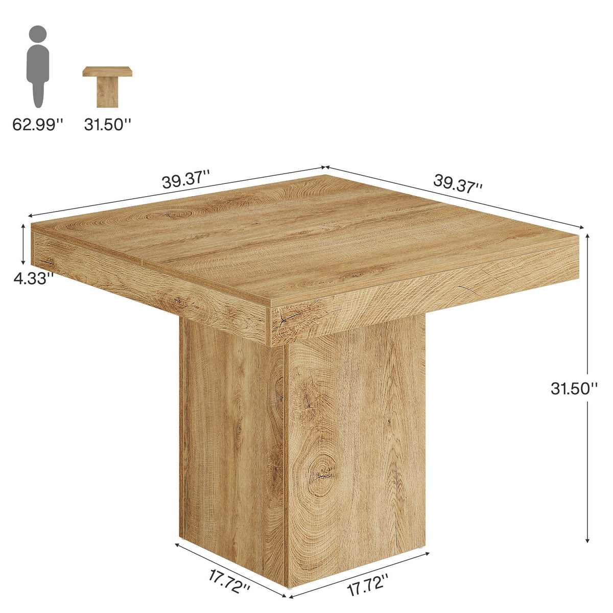 39" Square Farmhouse Dining Table, Solid Wood Kitchen Table with Pedestal Base for 4