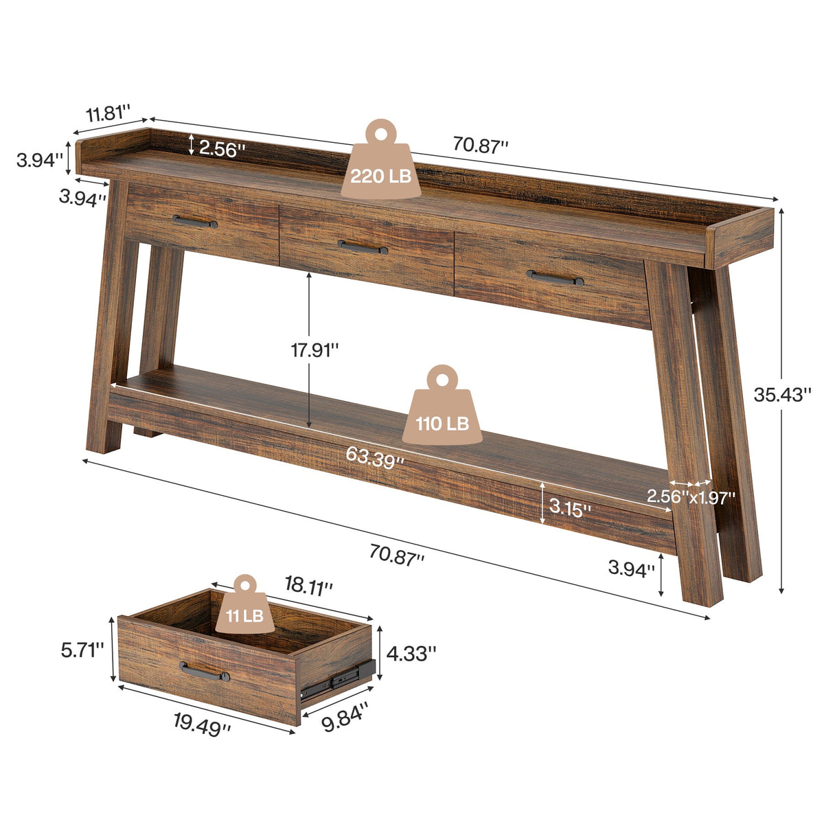 70.9 Inch Extra Long Console Table with 3 Drawers, 2-Tier Sofa Table for Living Room