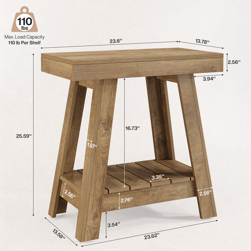 23.6 Inch 2-Tier End Table with Trapezoidal Base, Farmhouse Side Table for Small Spaces