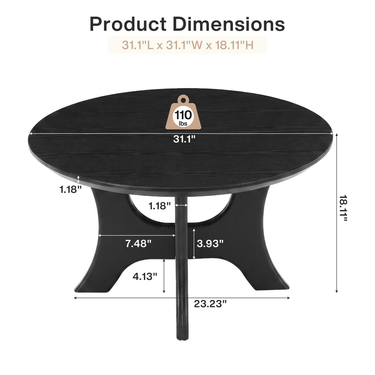 31.1 Inch Round Coffee Table with Cross Base, Modern Black Table for Living Room