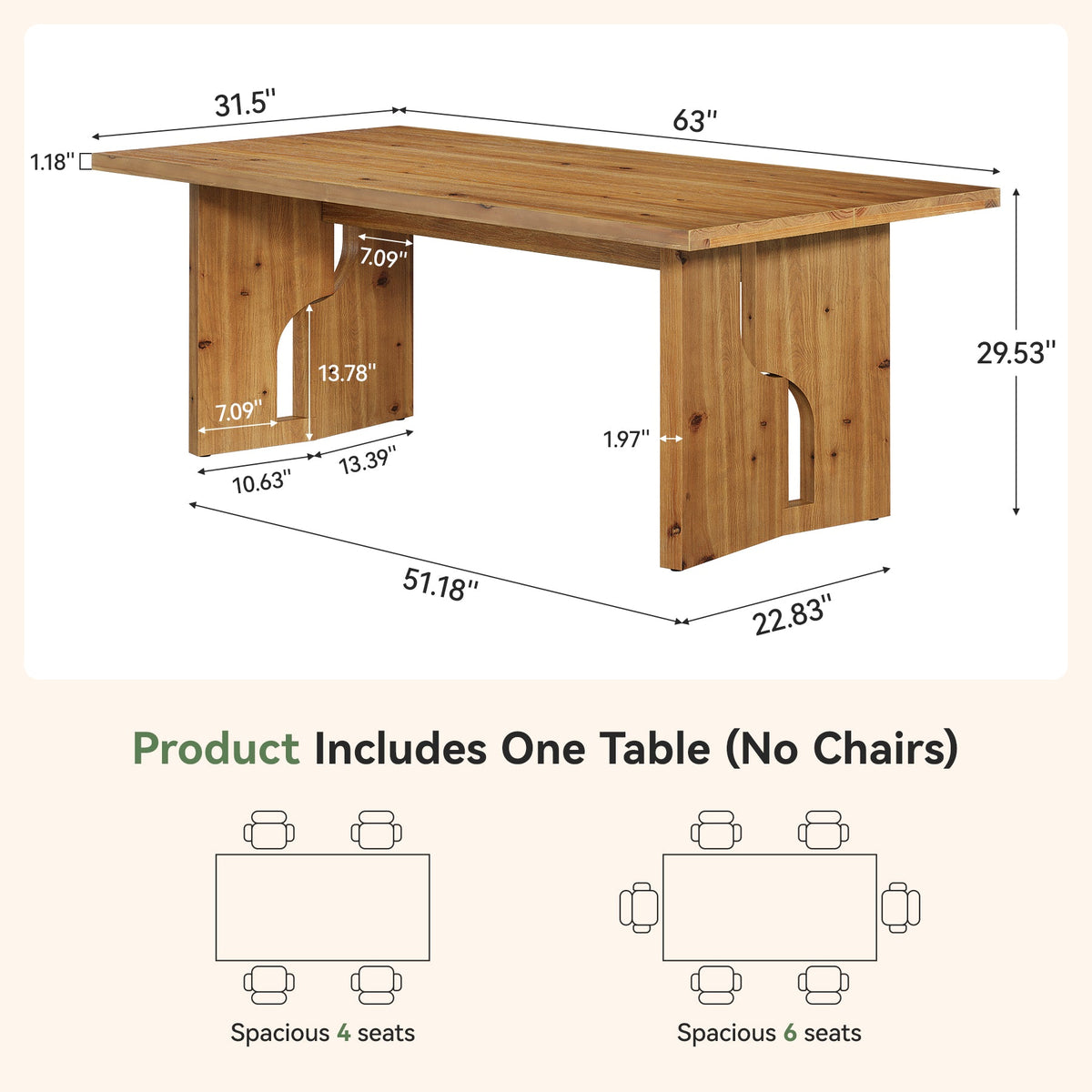 63-Inch Solid Wood Executive Desk with Cutout Bases, Large Office Desk for Home Office