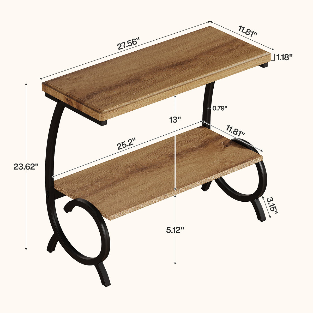 23.6-Inch Tall 2-Tier End Table, Narrow Couch Side Table with J-Shaped Metal Legs