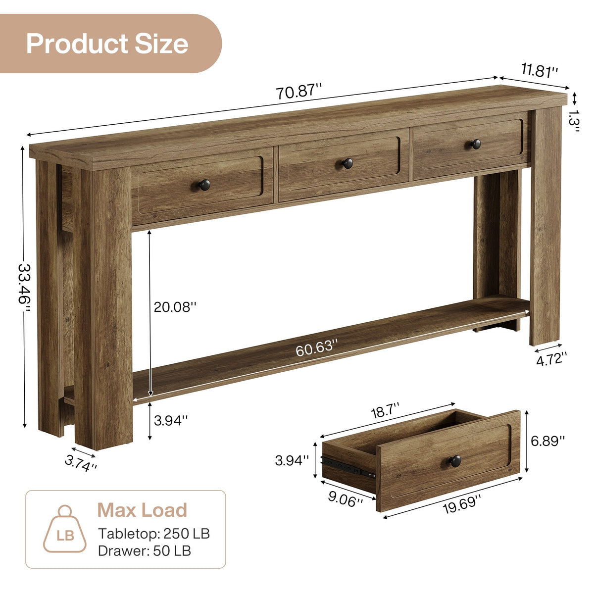 70.9-Inch Console Table with 3 Drawers, Narrow Farmhouse Sofa Table for Hallway