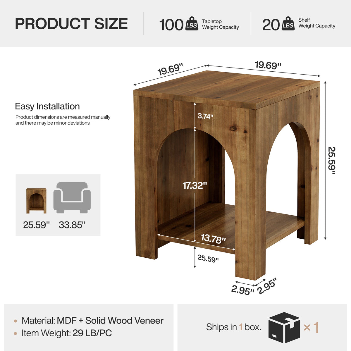 19.69-Inch Farmhouse Side Table with Arch Design, Wooden End Table for Living Room