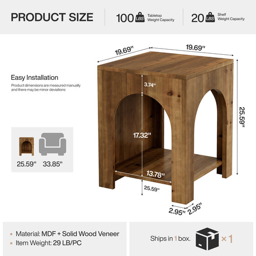 19.69-Inch Farmhouse Side Table with Arch Design, Wooden End Table for Living Room